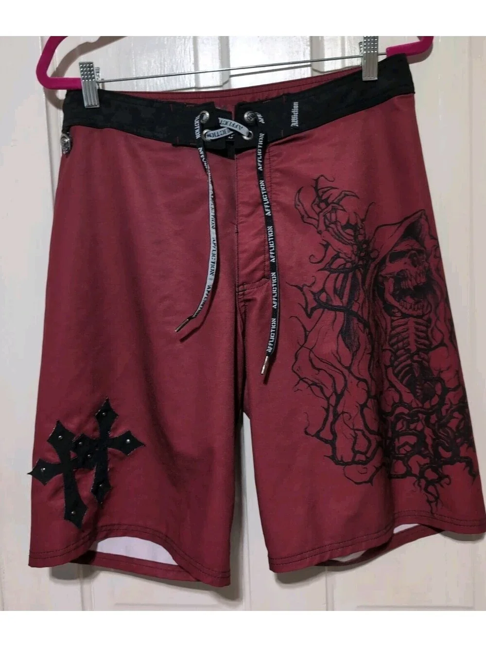 Affliction Board Shorts Skeleton Cross Skull Swim Trunks Red Men's 32(1598)F